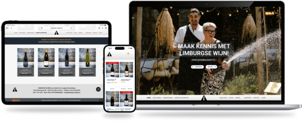 Responsive mockup showing a Limburgse wine shop homepage on laptop, tablet, and phone.