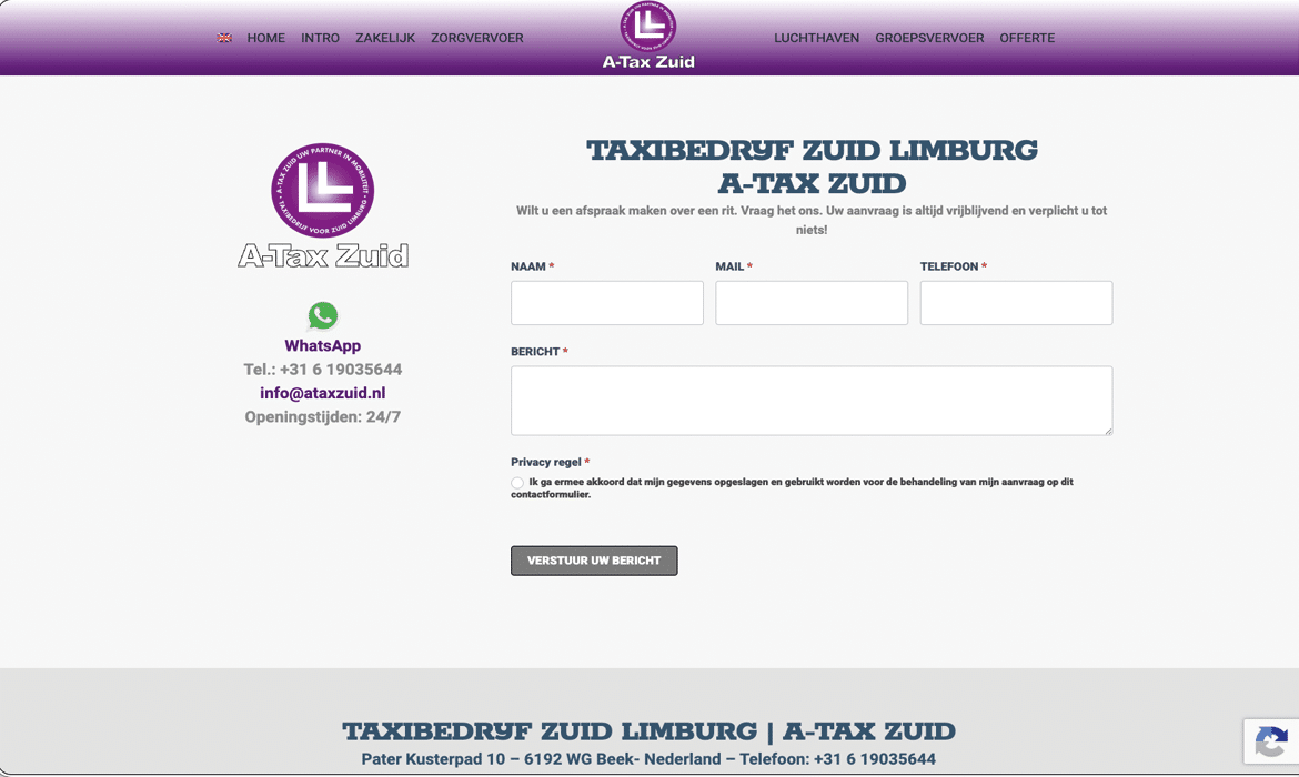 Contactformulier op de A-Tax Zuid Limburg-website met velden Naam, E-mail, Telefoon en Bericht en een verzendknop.