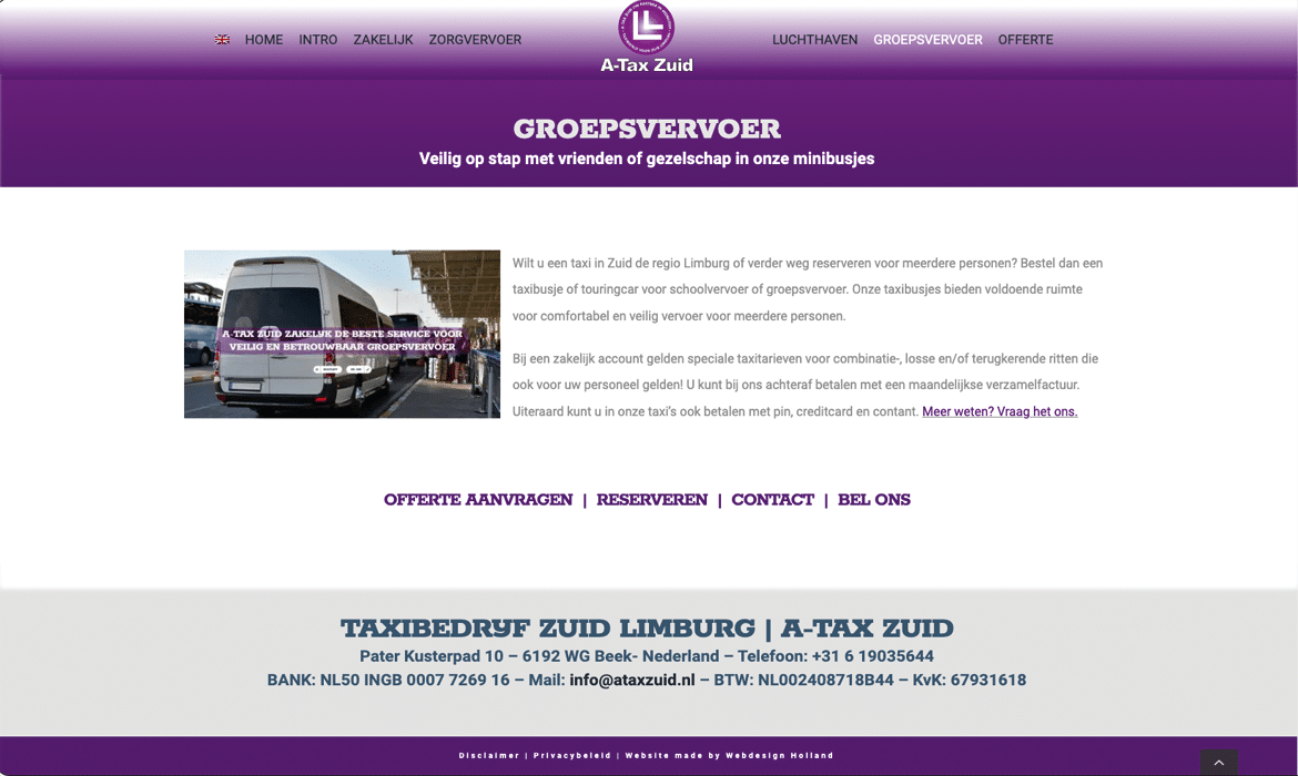 Hero banner for A-Tax Zuid Groepsvervoer featuring a white shuttle bus on the left and Dutch text about group transport