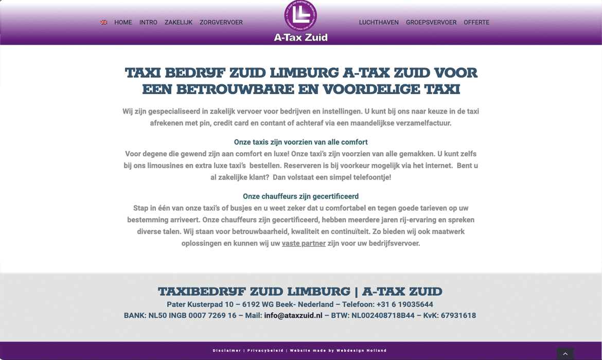 Homepage hero for Taxi Bedrijf Zuid Limburg A-Tax Zuid; purple header with logo and intro text about reliable, affordable taxi services in Dutch.