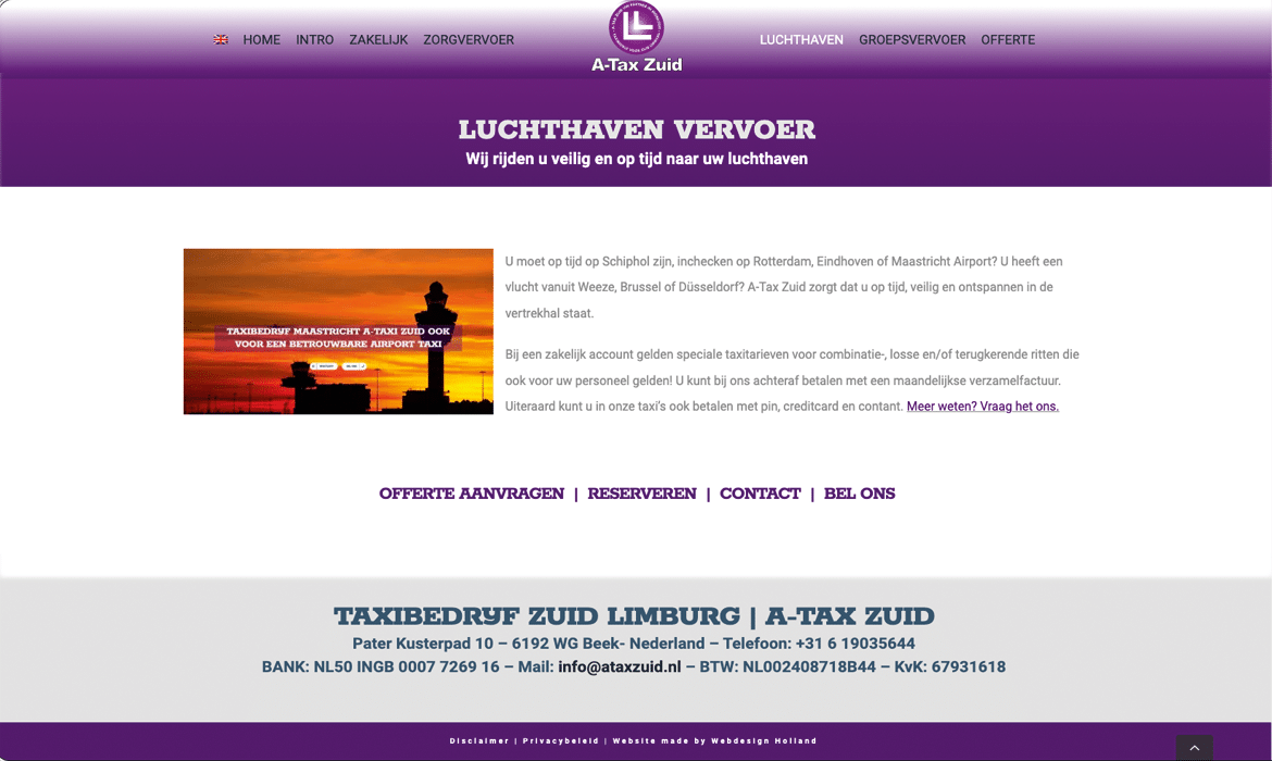 Purple header banner with A-Tax Zuid logo and the slogan 'Luchthaven Vervoer' for airport transfers.