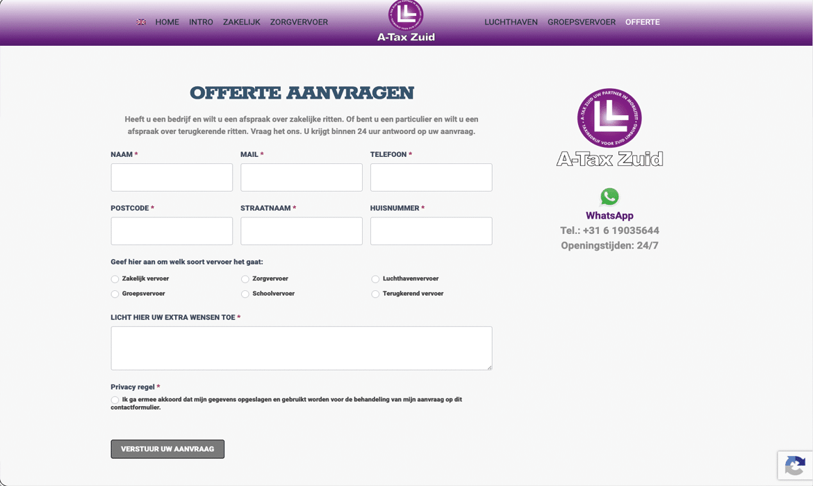 Quote request form titled 'Offerte aanvragen' with fields for name, email, phone, postcode, street, house number, transport type options, and a Submit button ('Verstuur uw aanvraag').