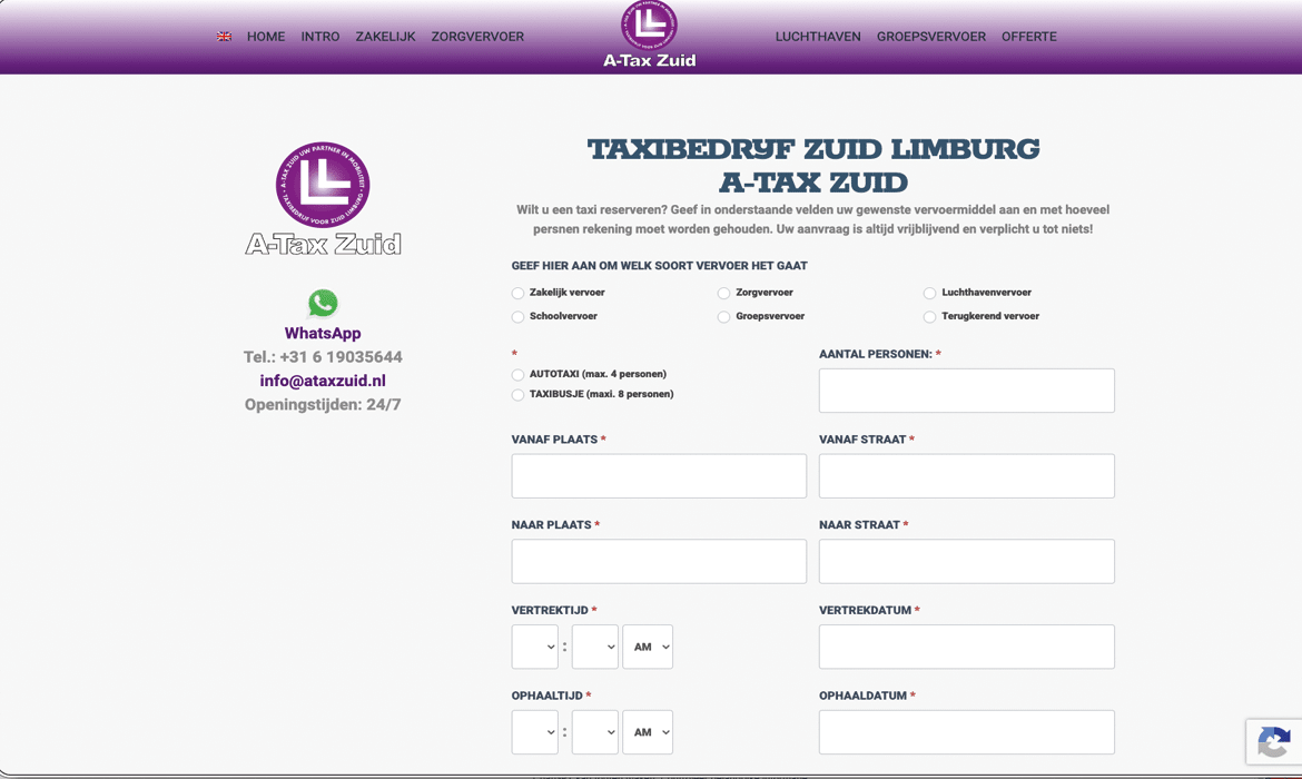 Dutch taxi booking page with a reservation form to choose transport type and trip details; logo and contact info shown on the left.