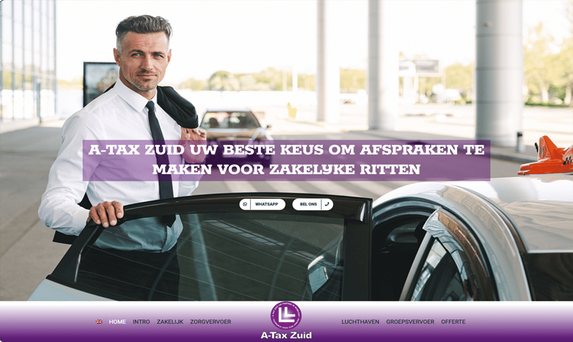 Businessman in a white shirt and black tie stands beside a silver taxi at an airport, with a large purple headline banner promoting A-Tax Zuid taxi service.