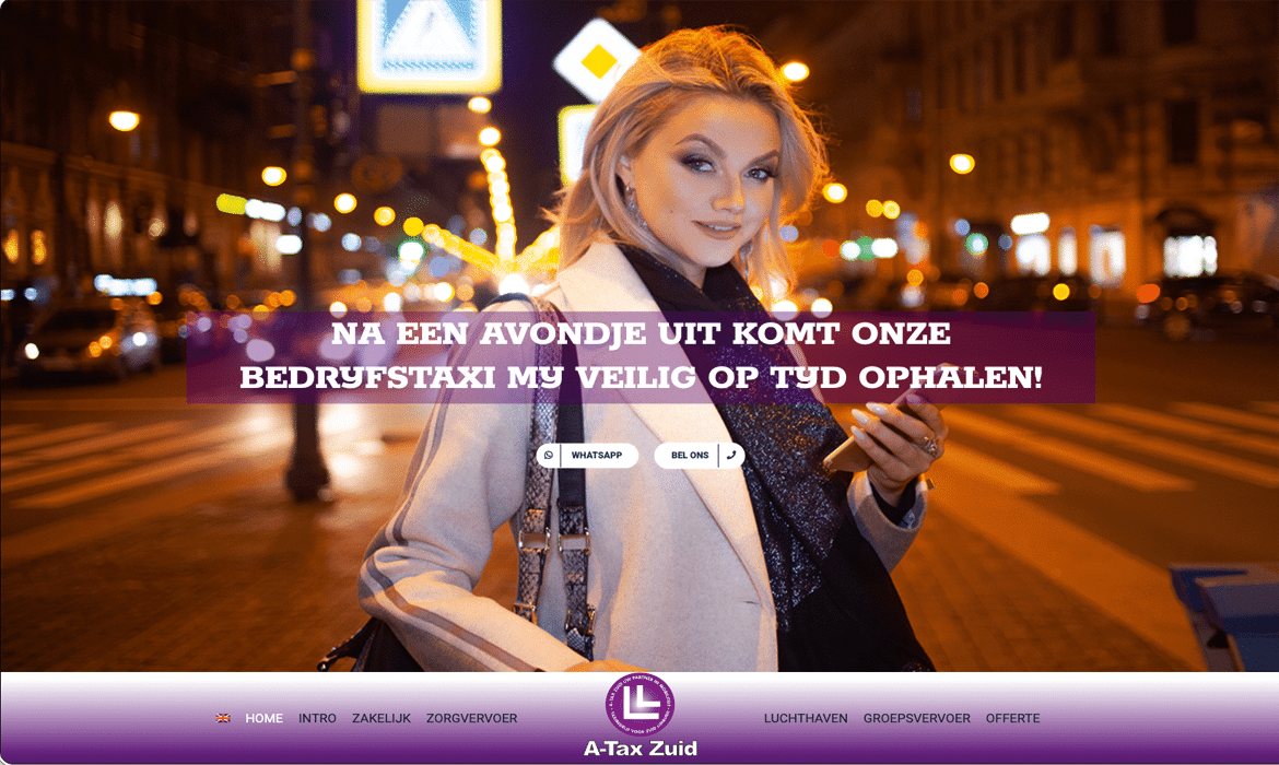 Hero image of a smiling woman in a light coat on a city street at night, with a purple promotional banner across the center advertising a taxi pickup after an evening out (text overlay).