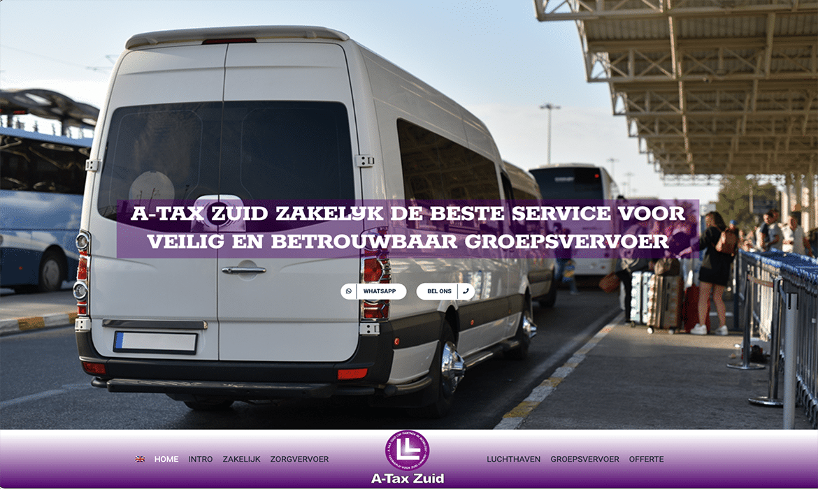 White passenger van at an airport pickup with a bold purple banner advertising safe, reliable group transport in Dutch: "A-TAX ZUID ZAKELYK DE BESTE SERVICE VOOR VEILIG EN BETROUWBAAR GROEPSVERVOER"