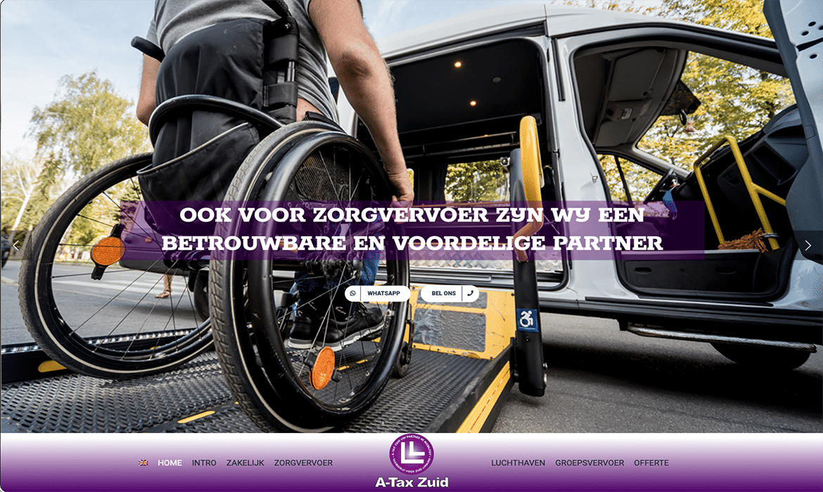 Wheelchair user boarding an accessible transport van, with a purple promotional banner across the image.