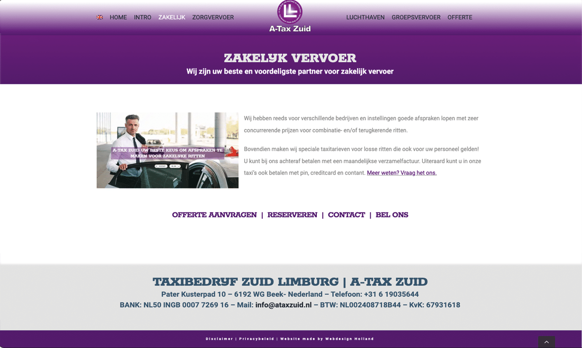 Promotiefoto van een man naast een taxi met een bannertekst over zakelijke ritten