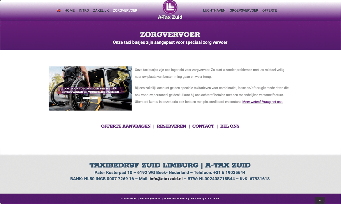 Header for the Zorgvervoer page of A-Tax Zuid with a purple gradient banner and navigation menu at the top.