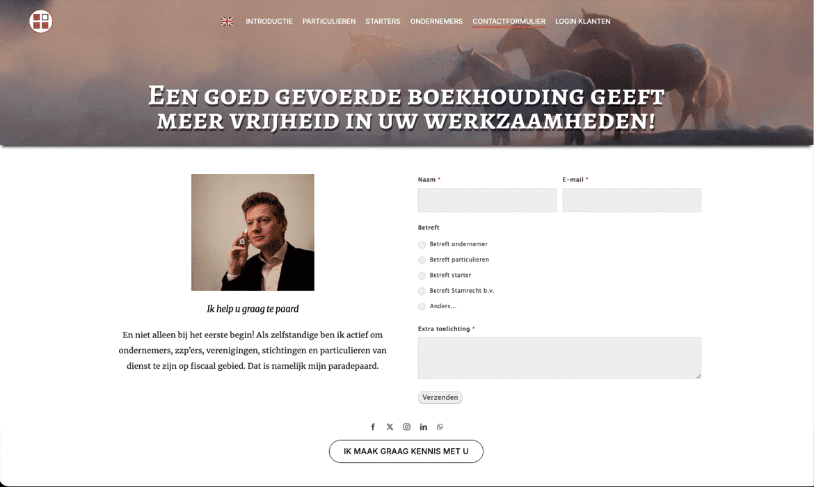 Webpagina: hero met paardenbanner en een twee-kolom contactformulier; links een portret van een man met de tekst 'Ik help u graag te paard' en rechts velden voor naam, e-mail, onderwerp en toelichting (screenshot van de contactpagina).