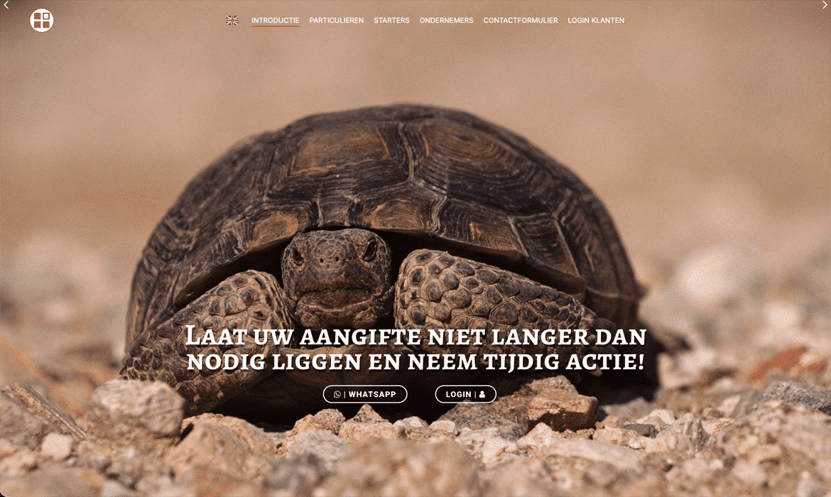 Close-up of a tortoise on rocky ground with a Dutch call to action about not delaying your filing; WhatsApp and Login buttons shown below the text.