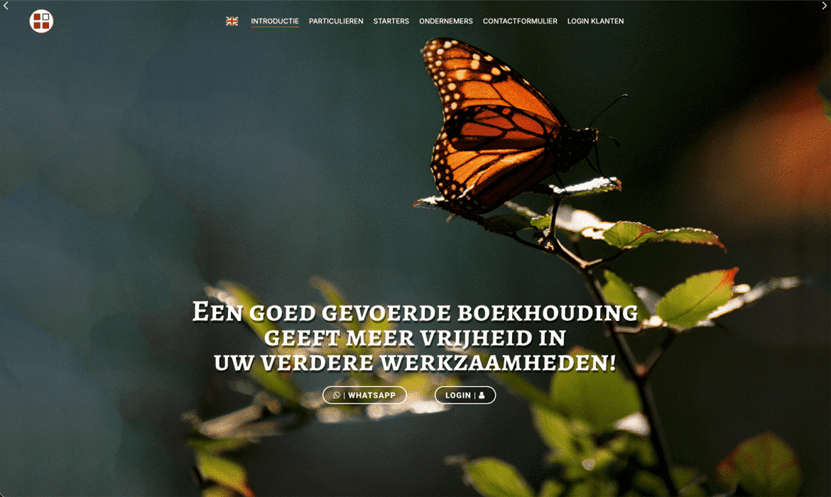 Butterfly on a twig with a blurred green background; Dutch hero headline about better bookkeeping freedom.