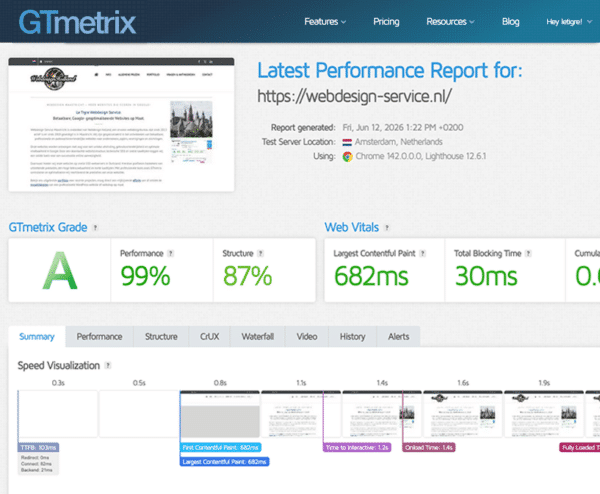 GTmetrix performance report with grade A and metrics: Performance 99%, Structure 87%, LCP 682ms, TBT 30ms, plus speed timeline described in the header.