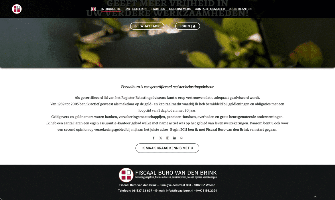 Hero banner of a tax advisory site: blurred greenery background, circular logo on the left, dark header with navigation, and centered WhatsApp/Login buttons.