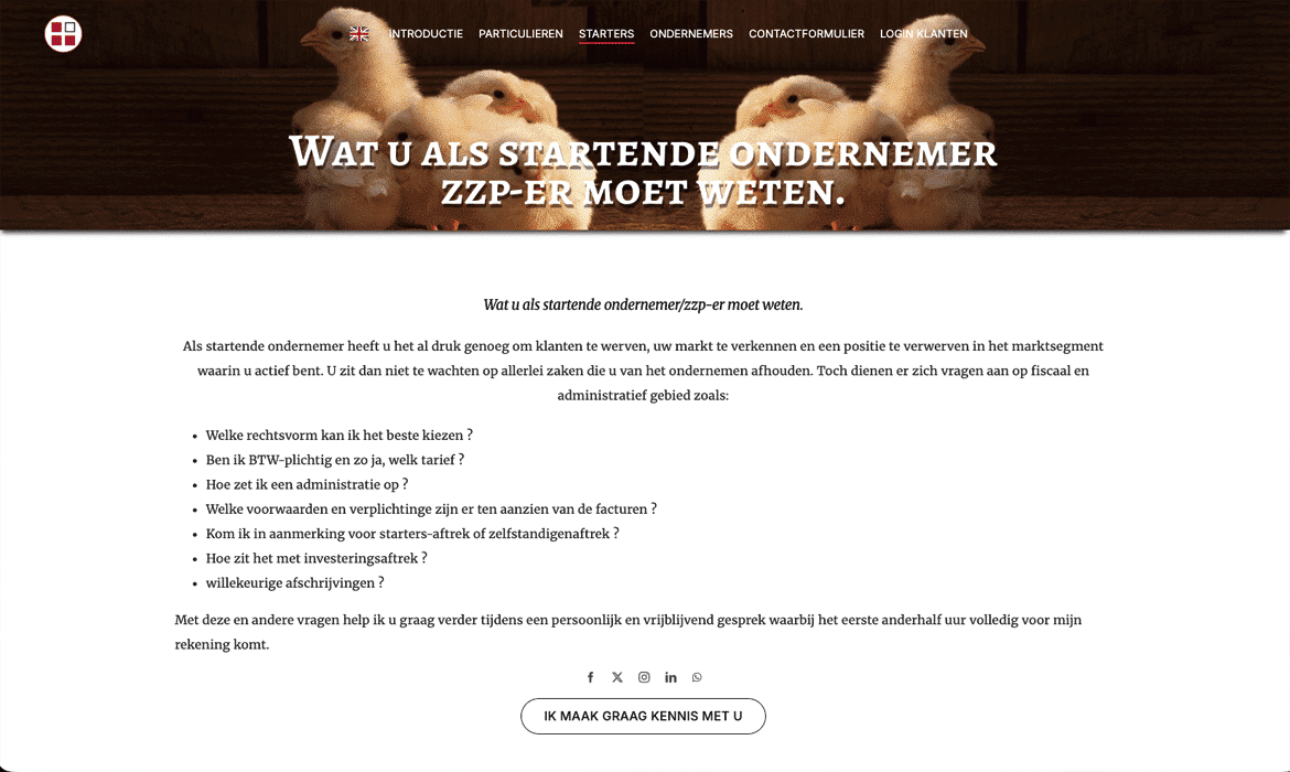 Hero banner with ducklings and bold Dutch title about what starting entrepreneurs/zzp'ers should know, on a dark wooden background.