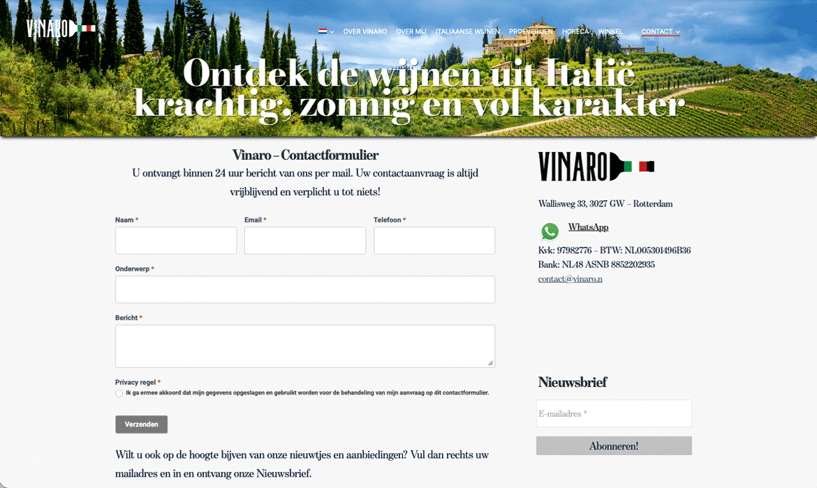 Hero banner: Italian vineyard hillside with bold Dutch headline promoting Italian wines on the Vinaro site.
