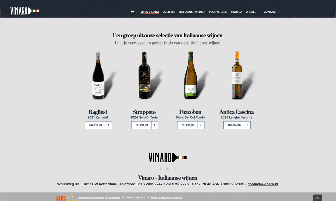 Hero section with four Italian wine bottles, each showing a name, vintage, and price on a light gray background (product grid). It includes Add to cart/NU buttons beneath each bottle.