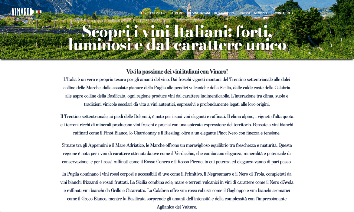 Banner: a vineyard landscape with bold white Italian headline inviting you to discover strong, luminous wines.