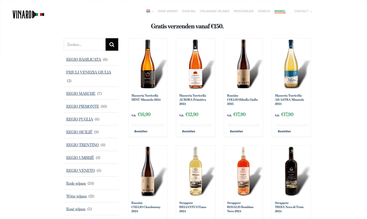 Vinaro product grid showing multiple wine bottles for sale, each with name, price, and an order button (Bestellen).