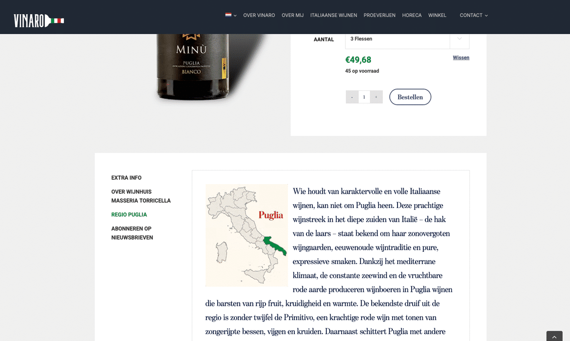 Product image of a Puglia wine bottle on a white background, showing price €49.68 and add-to-cart controls nearby.