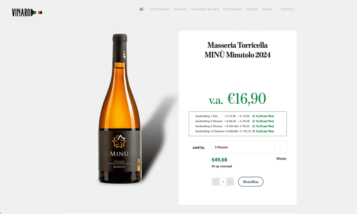 Wine bottle (Masseria Torricella MINŪ Minutolo 2024) displayed beside a product panel showing price €16,90 and bulk options on a white background.