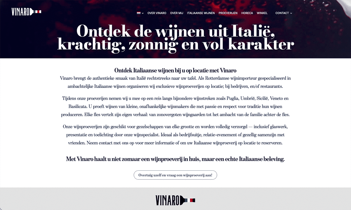 Hero banner for Vinaro site: bold Dutch headline inviting discovery of Italian wines with tastings; Vinaro logo visible.