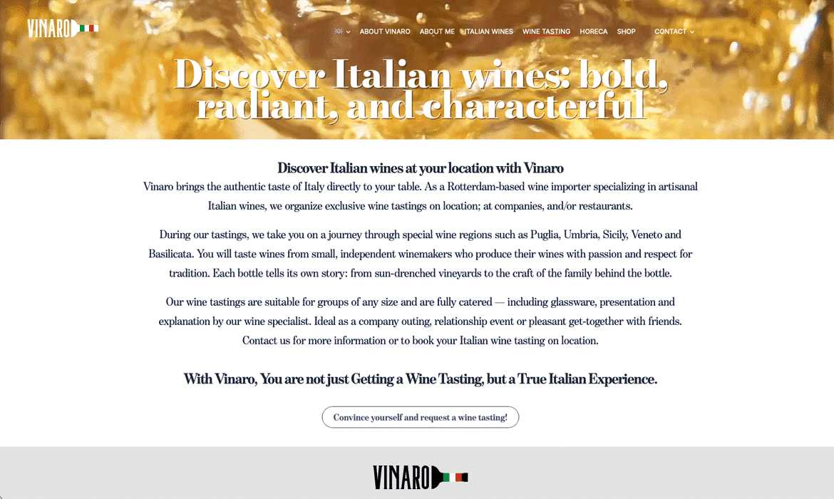 Hero image: close-up of golden wine in a glass with a bold white headline about discovering Italian wines across the banner.