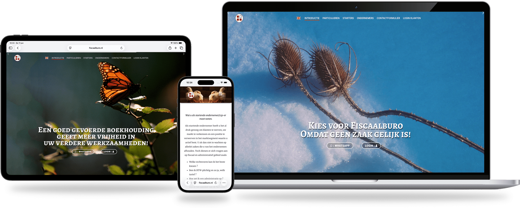 Tablet hero: butterfly on leaves with Dutch headline about good bookkeeping granting freedom (informative).